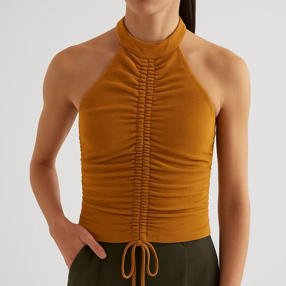 Express Mustard Yellow Ruched Front Tie Halter Top - Picture 1 of 4
